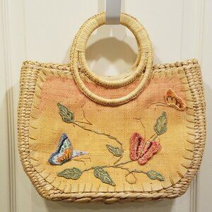 Vintage Straw Handbag with 3D Butterflies